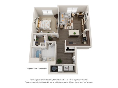 Floor plan for 1 bed, 1 bath, 922 sqft